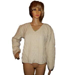 Paul James Women's M 100% Wool - Ivory - V Neck - Fisherman's Sweater